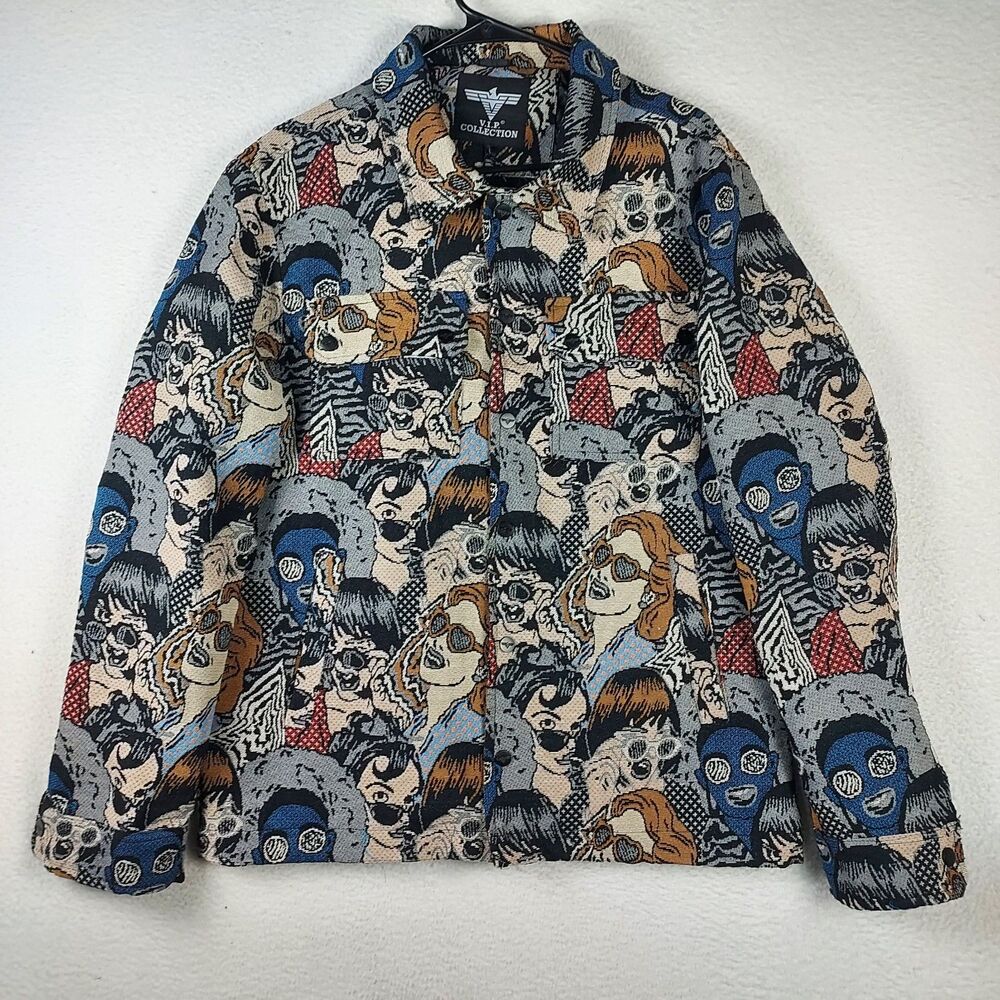 VIP Collection Faces Woven Jacket Large Button Up Streetwear Artwear NWT
